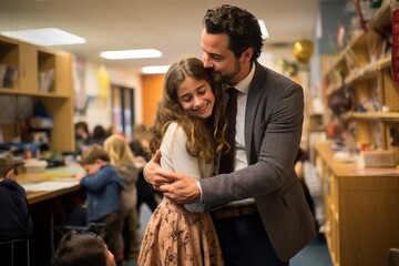 A moment of emotional connection between teacher and student, characterized by a warm and supportive hug within the classroom, Generative Ai