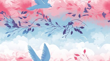 Fototapeta na wymiar a painting of two birds flying over a tree branch with pink and blue leaves on a pink and blue background. generative ai