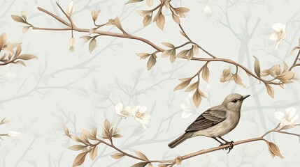  a bird sitting on a branch of a tree with white flowers on a light blue wallpaper with leaves and branches.  generative ai