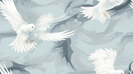  a couple of white birds flying through a sky filled with lots of white feathers on a blue and gray background.  generative ai