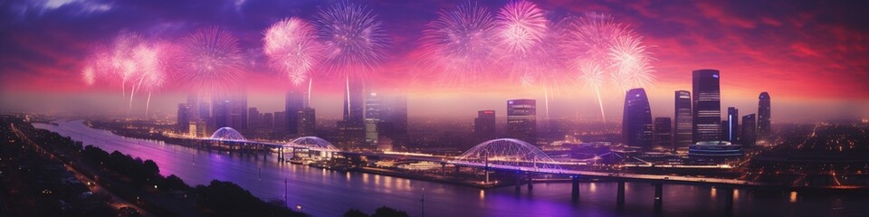 Obraz premium new years eve web banner background wallpaper purple and blue sky fireworks city scape