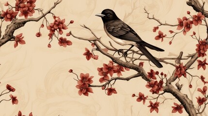  a painting of a bird sitting on a branch of a tree with red flowers on it and a beige background.  generative ai