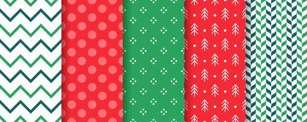 Christmas seamless pattern. Xmas New year background. Prints with zigzag, tree, herringbone and polka dots. Set red green textures. Festive wrapping paper. Holiday backdrops. Vector Illustration 