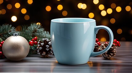 Obraz na płótnie Canvas a blue coffee cup sitting on top of a table next to a christmas ornament and a silver ornament. generative ai
