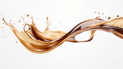 Liquid floating brown coffe splash as wave or curve isolated on white background 
