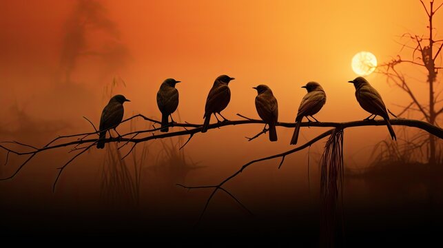  a group of birds sitting on top of a tree branch in front of a bright orange and yellow sky with the sun in the background.  generative ai