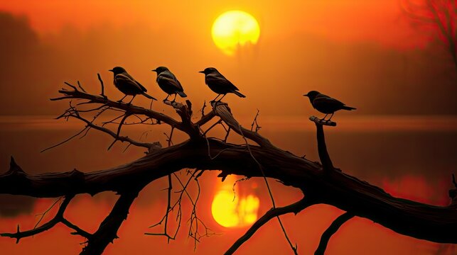  a group of birds sitting on top of a tree branch in front of a sunset over a body of water.  generative ai