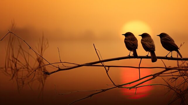  a couple of birds sitting on top of a tree branch in front of a setting sun on a foggy day.  generative ai