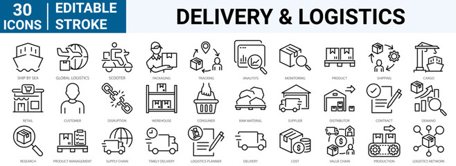 set of 30 line web icons related delivery and logistics. Supply chain, value chain, manufacturing, commerce . Editable stroke.