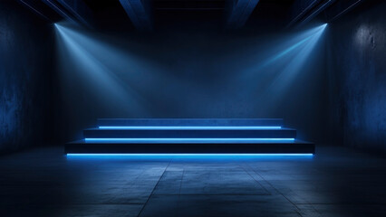 Abstract blue concrete stage, room, floor, scene with stairs and spotlight with smoke in the background