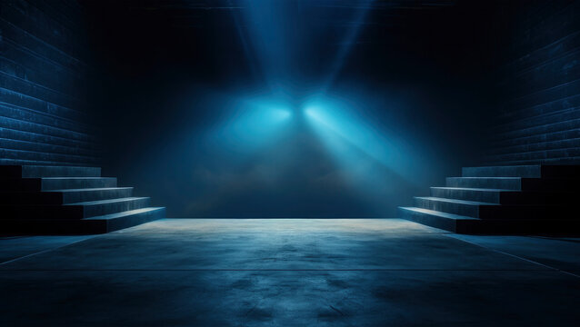 Abstract blue concrete stage, room, floor, scene with stairs and spotlight with smoke in the background