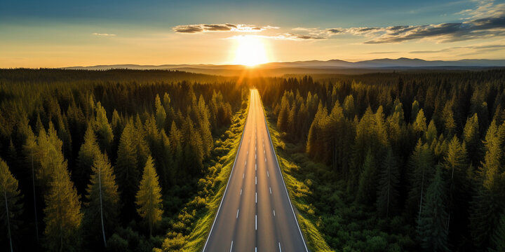 Aerial drone photograph of a deserted four-lane highway cutting through a dense forest, sunrise light casting long shadows
