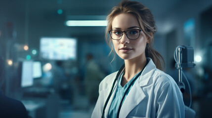 Trustworthy female doctor in glasses and stethoscope with arms crossed in hospital room. - obrazy, fototapety, plakaty