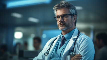 Trustworthy senior male doctor in glasses and stethoscope with arms crossed in hospital room.