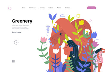 Greenery, ecology -modern flat vector concept illustration of a mural of a woman, surrounded by plants. Metaphor of environmental sustainability and protection, closeness to nature