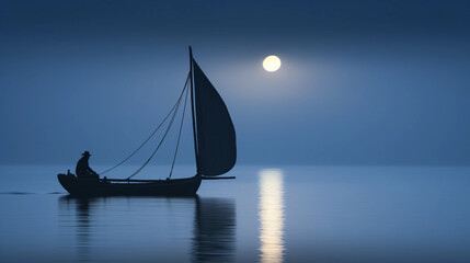 Silhouette of a lone sailor adjusting the sail against the backdrop of a full moon rising, ethereal mist surrounding the boat, blue and silver tones - obrazy, fototapety, plakaty