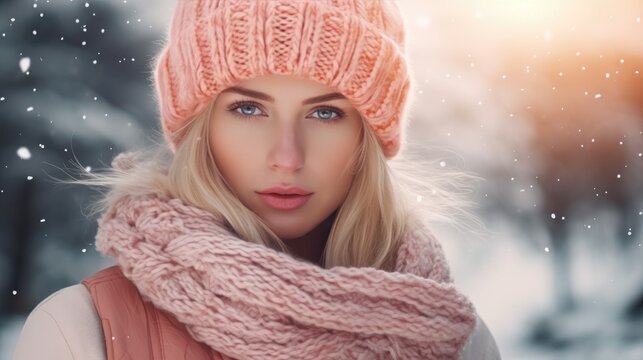 Young Woman in winter. Beautiful Girl in winter clothes in wintertime outdoor