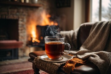 A mug of hot tea stands on a chair with a woolen blanket in a cozy living room with a fireplace. Generative Ai.