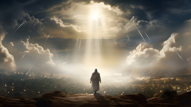 Holly Jesus Christ symbolizing the return of Jesus Christ in the sky over mount of olives split down the middle and is shrouded in light and clouds. Apocalypse concept.