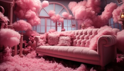 a pink room with a sofa, fluffy cushions, plus fluffy decoration - obrazy, fototapety, plakaty