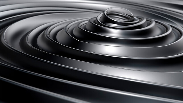 Silver metallic round lines, rings, circles, spiral or swirls pattern in 3d with shining effects background, texture
