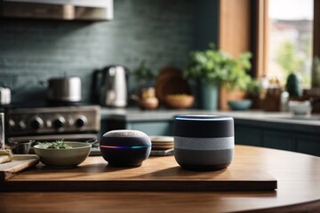 Smart speaker assistant on a kitchen table. Concept of AI technology in everyday life and the future of home automation. Generative Ai.