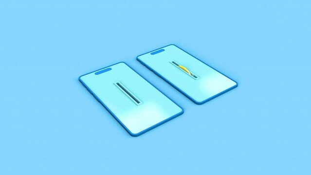 Money transfer on mobile phones - Two smartphones transferring coin between on light blue background. 3d render animation