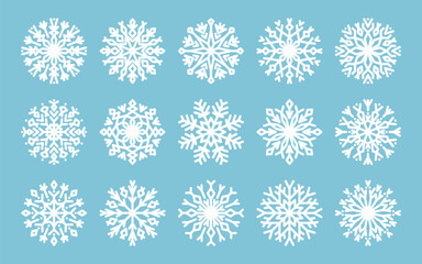 Big set of white geometric line snowflakes. Snowflake winter design, decor. Winter decorative elements of white Christmas cold flakes crystal, snow ornament for New Year's holidays. Xmas decoration.