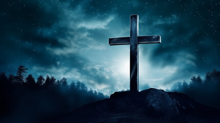 The cross with a backdrop of the Milky Way galaxy, Holy cross background, blurred background, with copy space