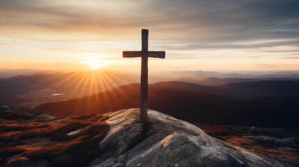 A cross standing tall on a mountain peak at sunset, Holy cross background, blurred background, with copy space