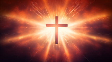 Glowing cross with ethereal rays emanating, Holy cross background, blurred background, with copy space