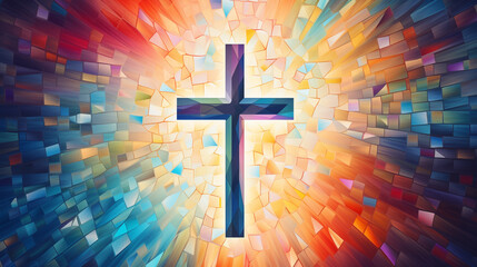 Artistic representation of the cross using colorful mosaic tiles, Holy cross background, blurred background, with copy space