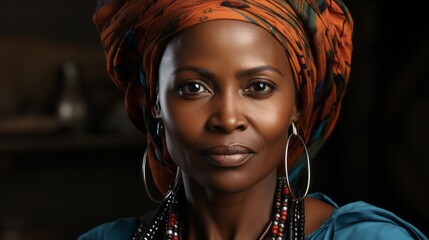 dark-skinned middle-aged African woman with a cloth wrapped around her head and traditional jewellery