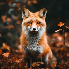 Fototapeta premium Portrait of a young fox with very pretty orange and white fur sitting in the autumn forest