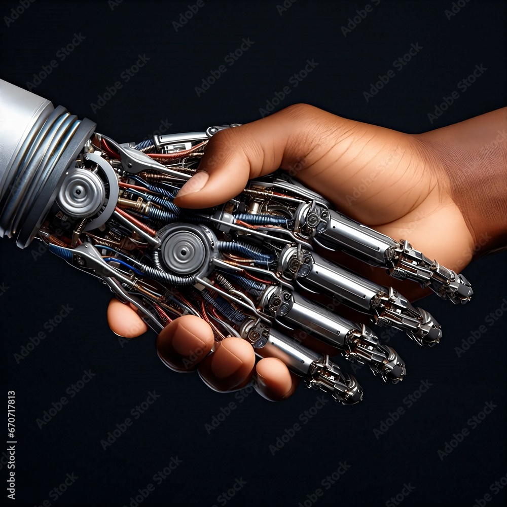 Poster closeup of handshake between a human and an ai robot. shaking hands between human and cyborg robot. 