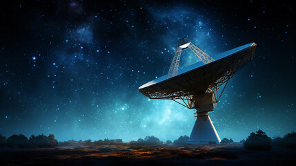 Observatório espacial com silhuetas de antena parabólica contra o céu noturno, estrelas - obrazy, fototapety, plakaty