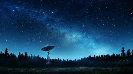 Observatório espacial com silhuetas de antena parabólica contra o céu noturno, estrelas - obrazy, fototapety, plakaty