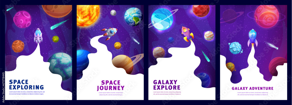 Poster space galaxy landing pages, cartoon space landscape and spaceship, vector website background. galaxy