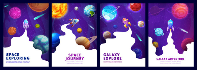 Space galaxy landing pages, cartoon space landscape and spaceship, vector website background. Galaxy planets exploration and space journey adventure landing pages with galactic rockets in sky