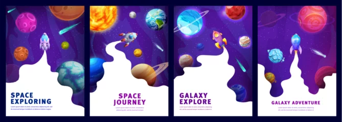 Photo sur Plexiglas Violet Space galaxy landing pages, cartoon space landscape and spaceship, vector website background. Galaxy planets exploration and space journey adventure landing pages with galactic rockets in sky
