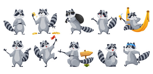 Cartoon raccoon characters. Cute racoon animal vector personages set with funny white and black stripes. Happy smiling raccoons posing, stealing food, eating and running, winking and drinking cocktail - obrazy, fototapety, plakaty