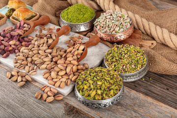 Variations of pistachios used in making pistachio baklava. Traditional turkish dessert antep...