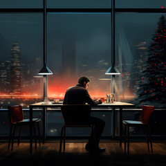 man alone in restaurant celebrating Christmas, overlooking Christmas trees
