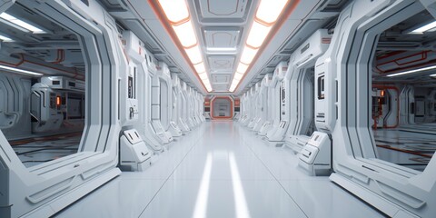 Obraz premium Sci Fi hi tech futuristic interior of space ship corridor. Generated AI