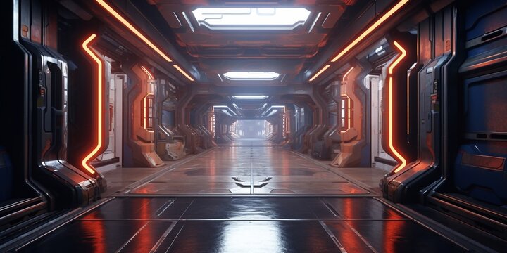 Sci Fi hi tech futuristic interior of space ship corridor. Generated AI