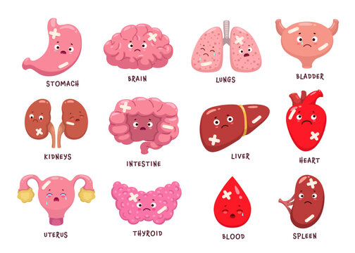 Cartoon sick body organ characters. Injured and unhealthy organ personages of vector brain, heart, blood and liver, kidneys, stomach, spleen and bladder, intestine, uterus, lungs and thyroid gland