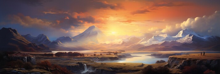 Beautiful mountains and meadow and sunset landscape
