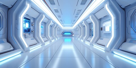 Sci Fi hi tech futuristic interior of space ship corridor. Generated AI
