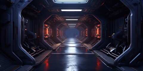 Sci Fi hi tech futuristic interior of space ship corridor. Generated AI - obrazy, fototapety, plakaty