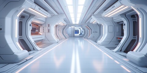 Obraz premium Sci Fi hi tech futuristic interior of space ship corridor. Generated AI